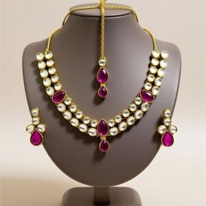 Indian Purple Kundan Necklace with Earrings and Maang Tikka